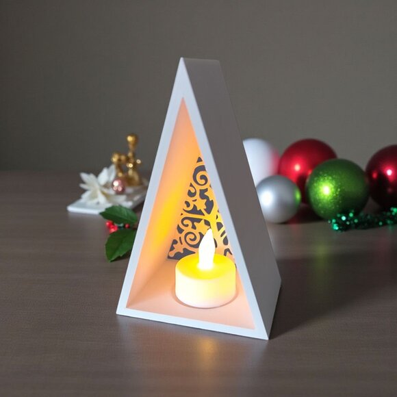 Pyramid Christmas Tree Lantern Tealight Holder w/Tealight LED Candle White - Picture 8 of 13
